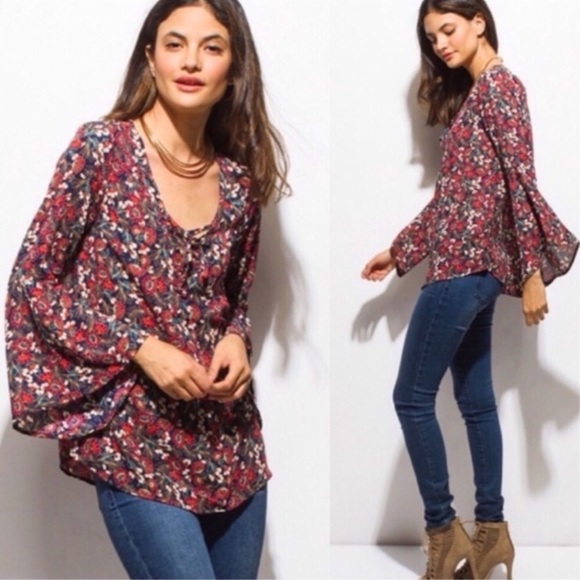 Floral Bell Sleeve Lace Up Blouse - Picture 3 of 3